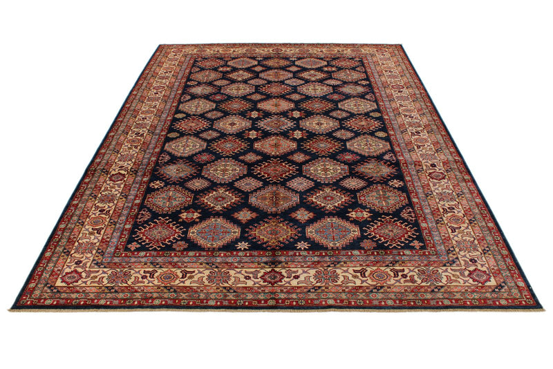 10x13 Navy and Ivory Kazak Tribal Rug