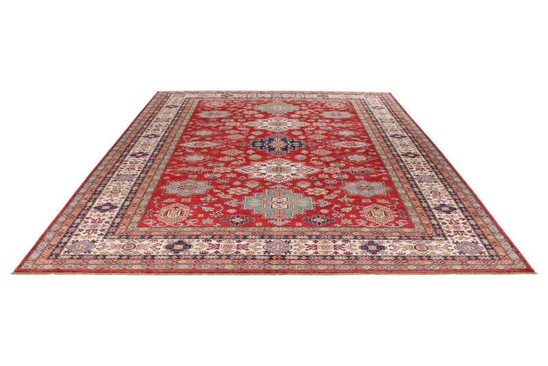 9x12 Red and Ivory Kazak Tribal Rug