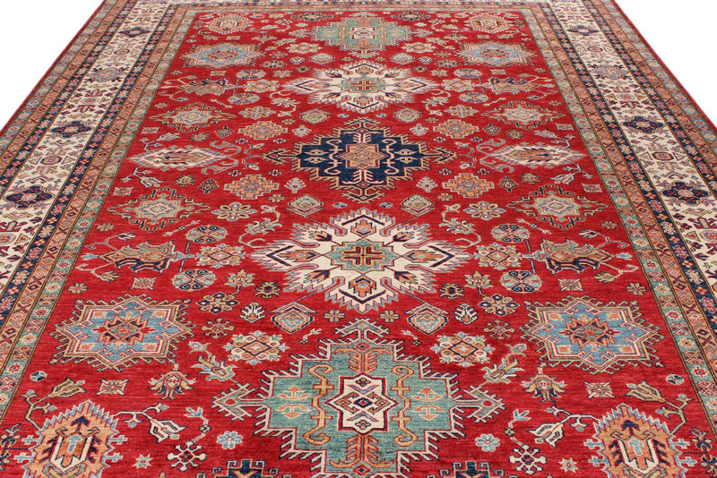 9x12 Red and Ivory Kazak Tribal Rug