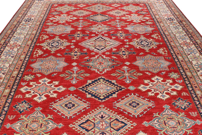 9x12 Red and Ivory Kazak Tribal Rug