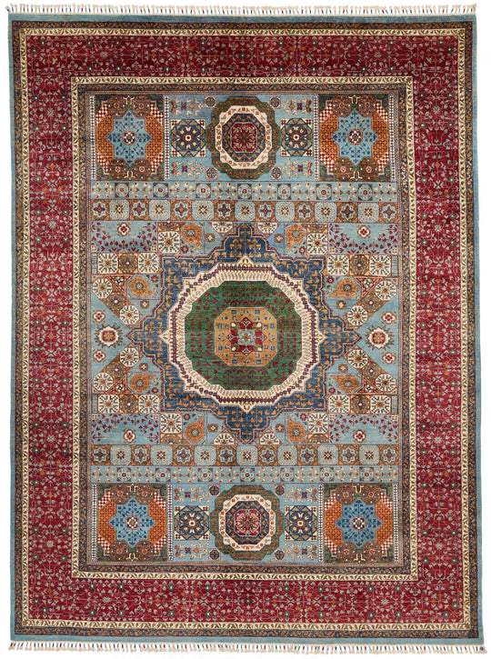 9x12 Light Blue and Red Turkish Tribal Rug