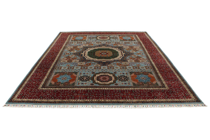 9x12 Light Blue and Red Turkish Tribal Rug