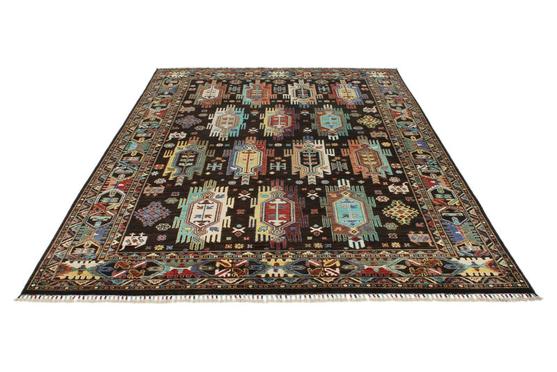 7x10 Black and Multicolor Turkish Tribal Rug