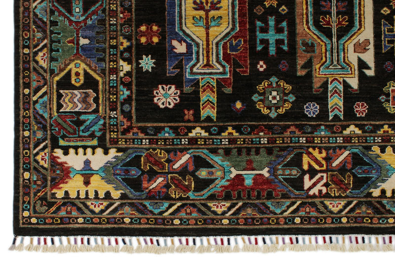 7x10 Black and Multicolor Turkish Tribal Rug