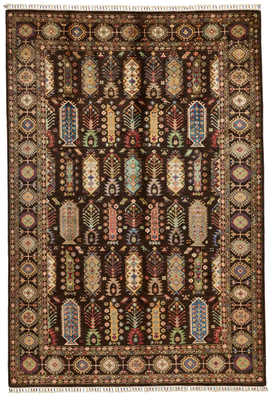 7x10 Brown and Multicolor Turkish Tribal Rug