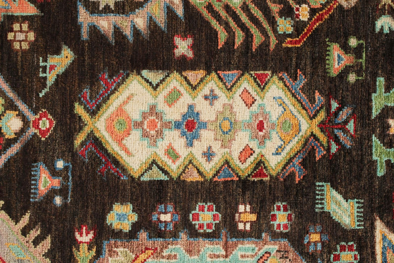 7x10 Brown and Multicolor Turkish Tribal Rug