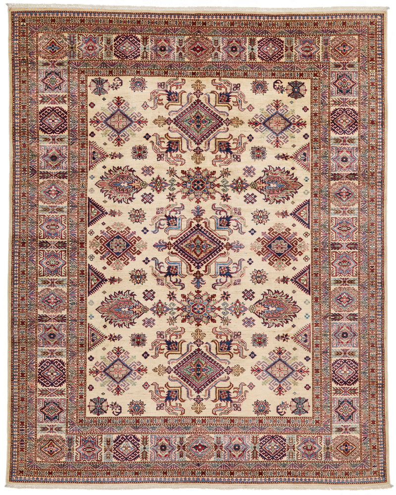 8x10 Ivory and Multicolor Kazak Tribal Rug