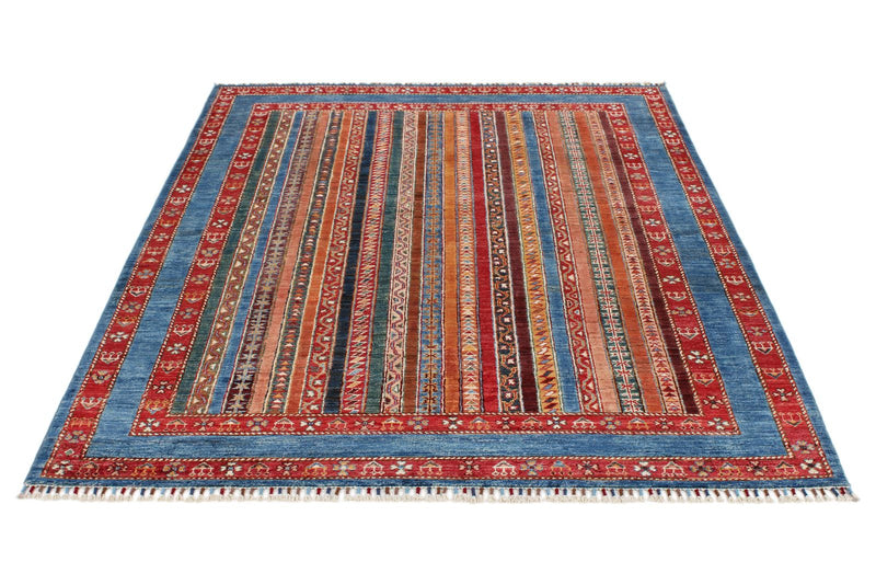 5x7 Multicolor and Navy Turkish Tribal Rug