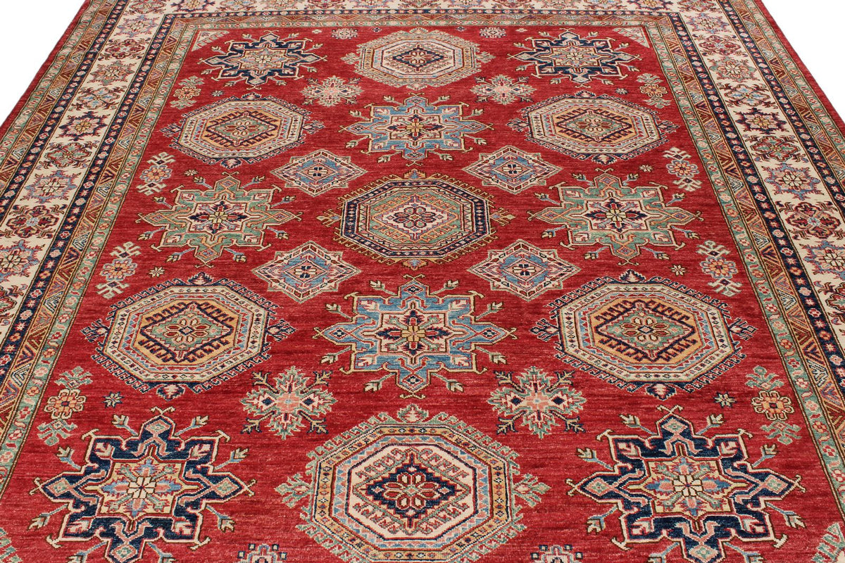 8x10 Red and Ivory Kazak Tribal Rug
