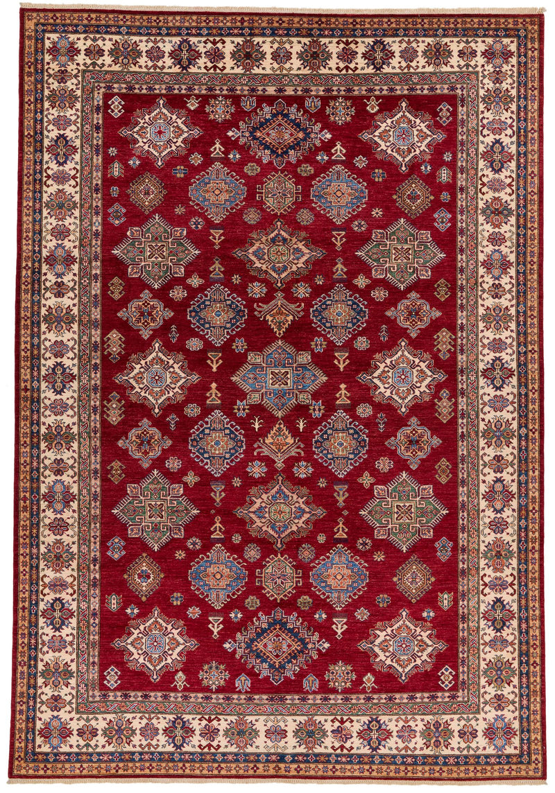 9x13 Red and Ivory Kazak Tribal Rug