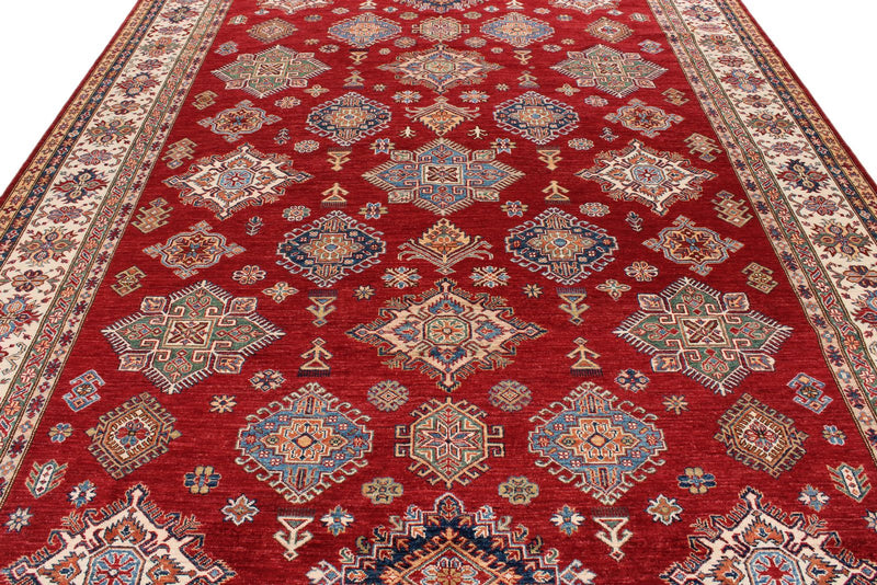 9x13 Red and Ivory Kazak Tribal Rug