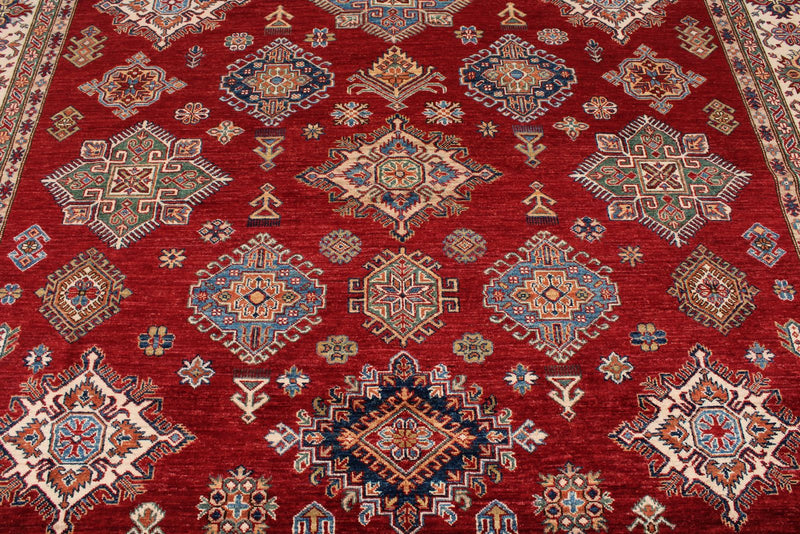 9x13 Red and Ivory Kazak Tribal Rug