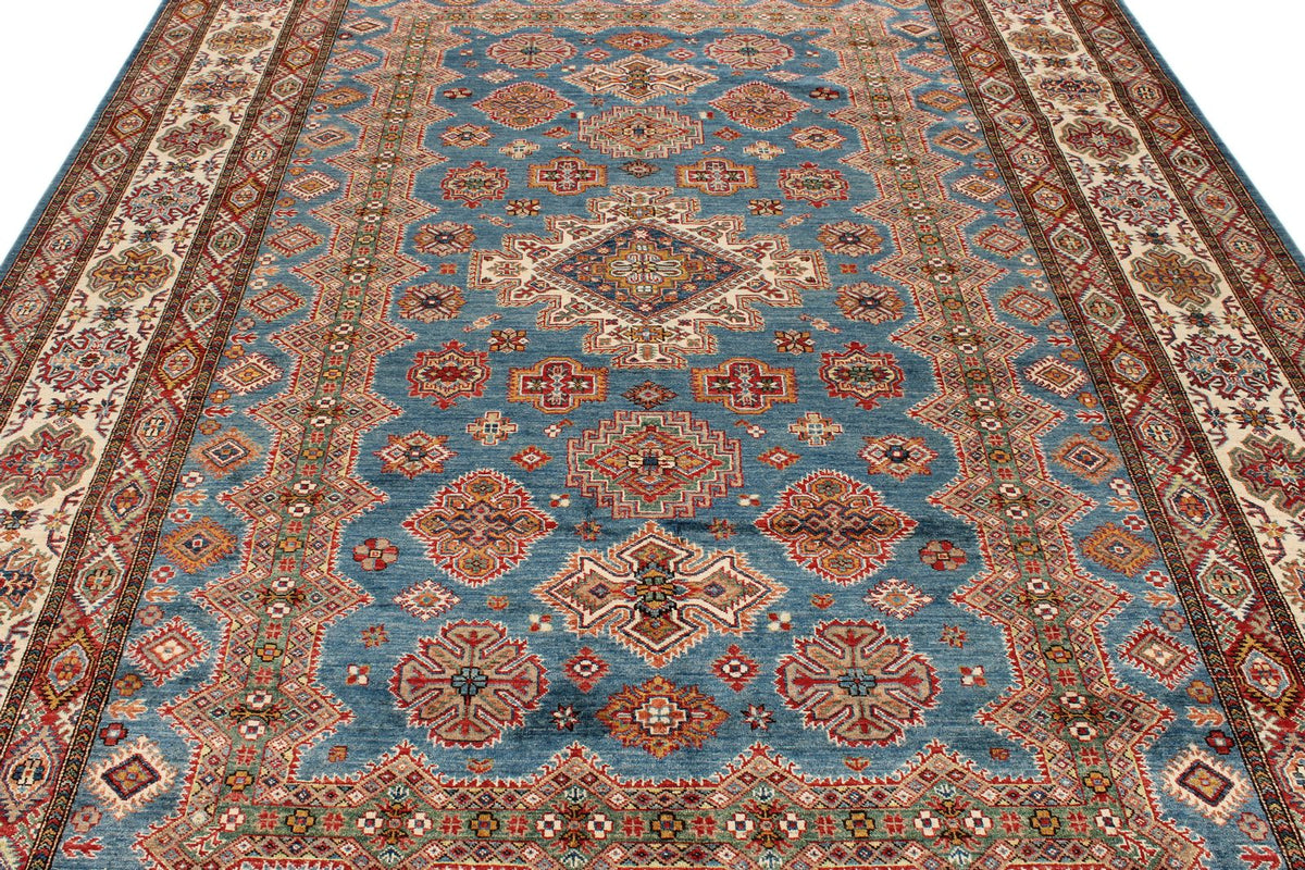 9x12 Light Blue and Ivory Kazak Tribal Rug