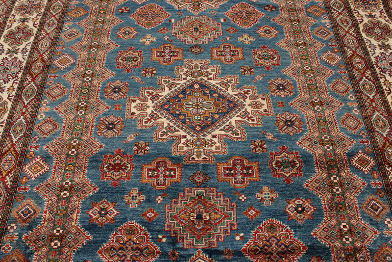 9x12 Light Blue and Ivory Kazak Tribal Rug