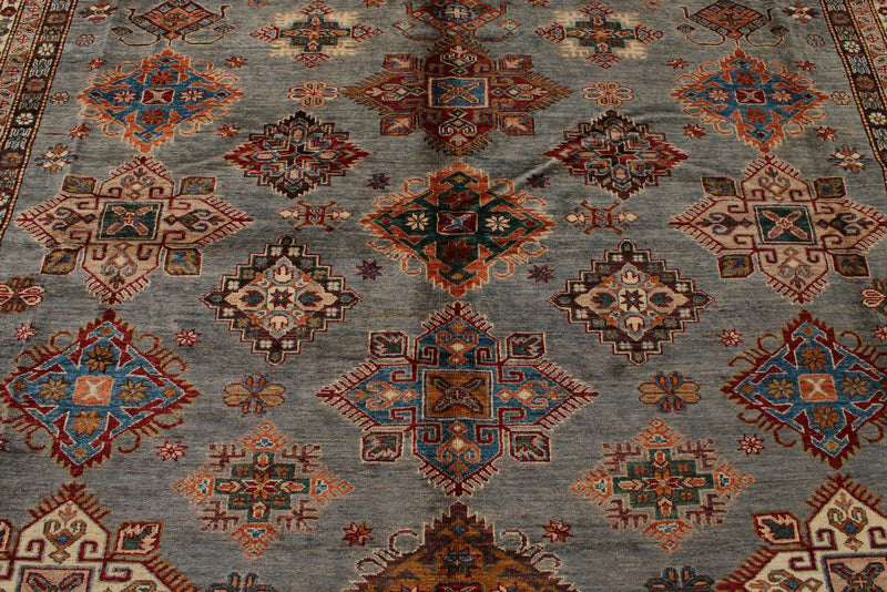 10x13 Gray and Light Blue Kazak Tribal Rug