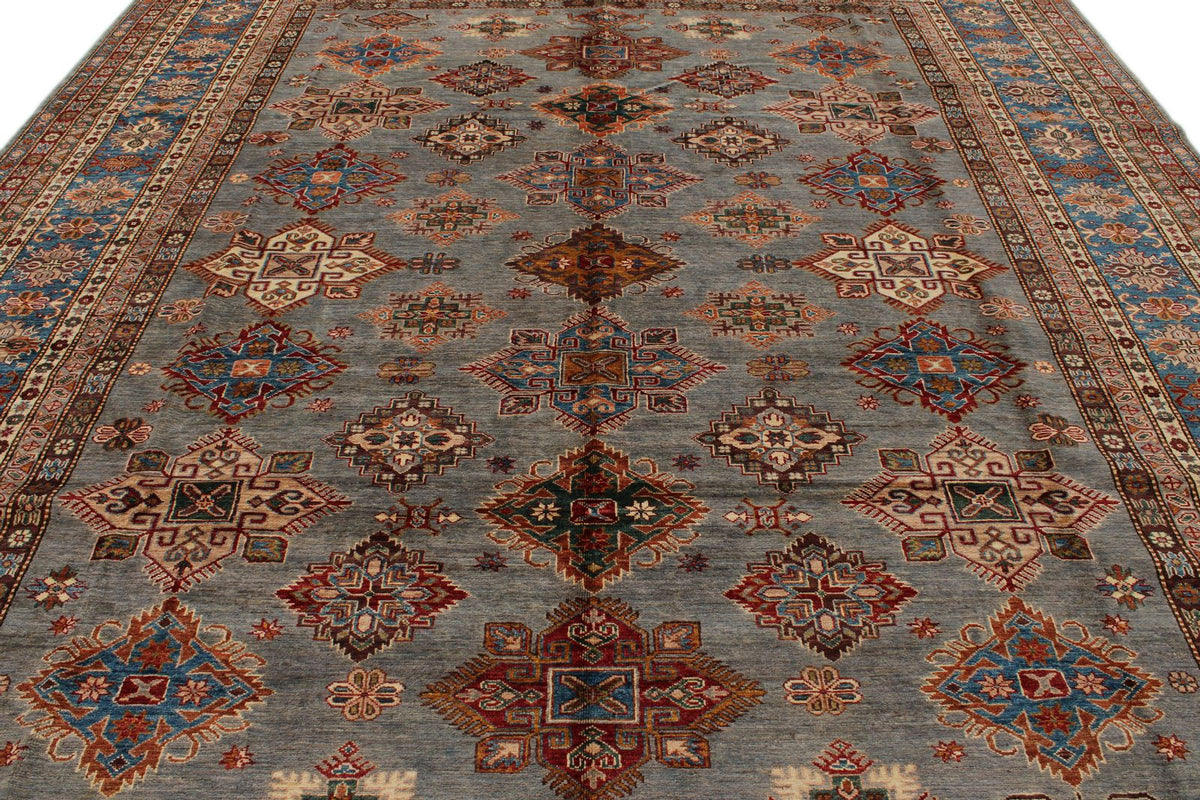 10x13 Gray and Light Blue Kazak Tribal Rug