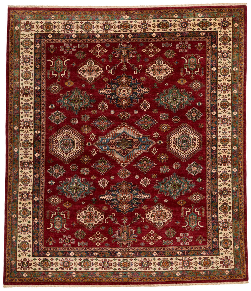 9x10 Burgundy and Ivory Kazak Tribal Rug