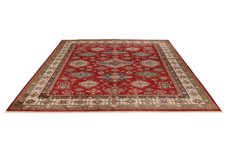 9x10 Burgundy and Ivory Kazak Tribal Rug