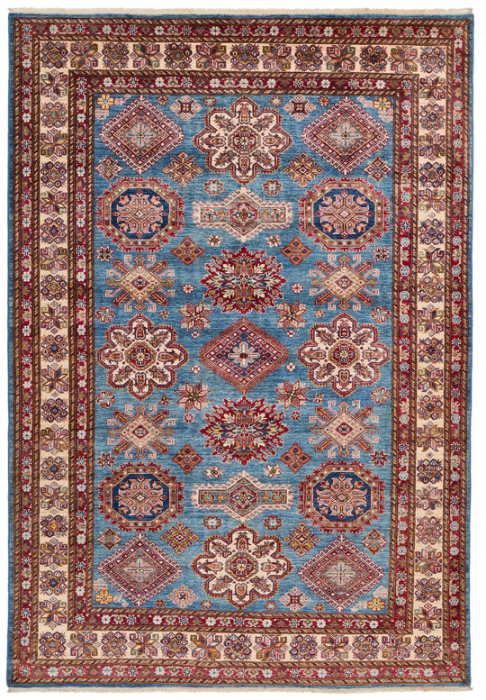 7x10 Light Blue and Ivory Kazak Tribal Rug
