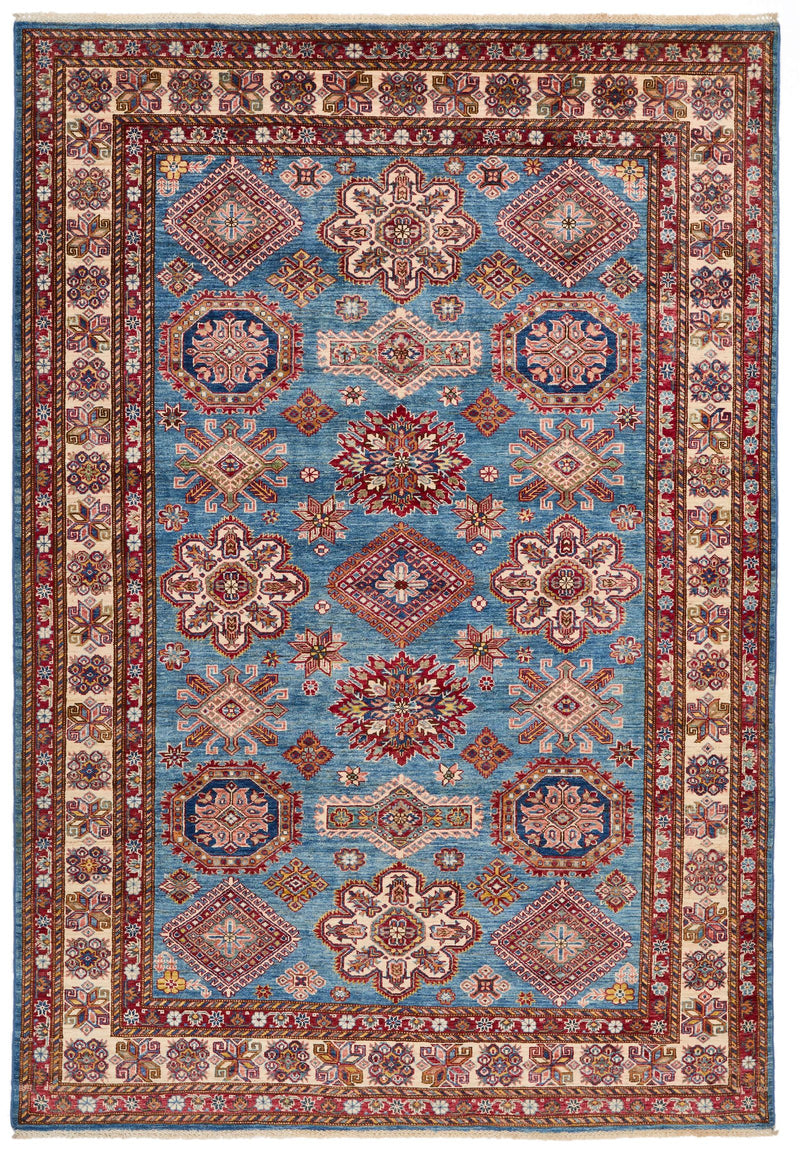 7x10 Light Blue and Ivory Kazak Tribal Rug