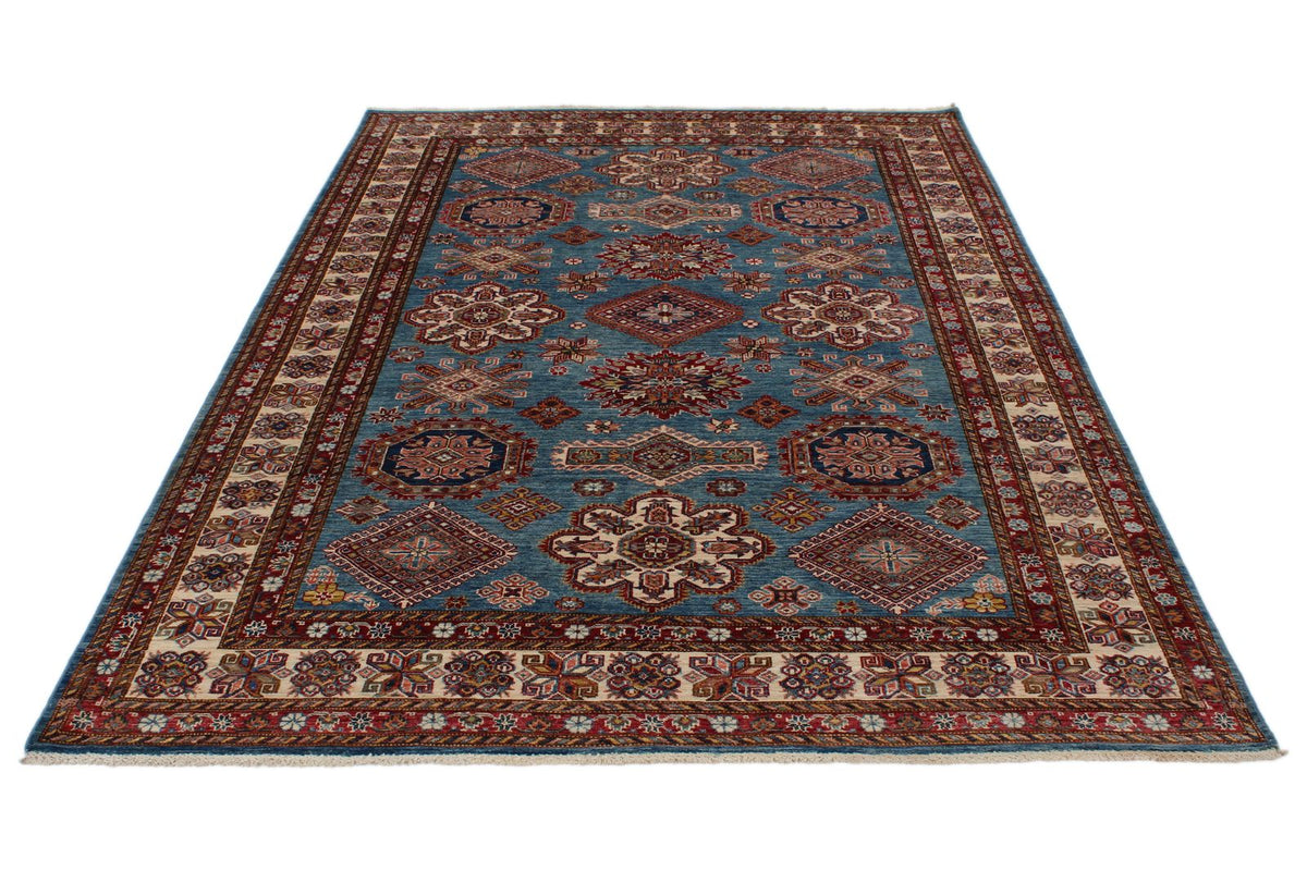 7x10 Light Blue and Ivory Kazak Tribal Rug