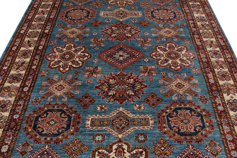 7x10 Light Blue and Ivory Kazak Tribal Rug