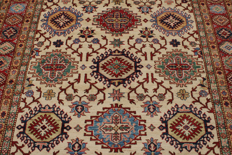 6x10 Ivory and Red Kazak Tribal Rug