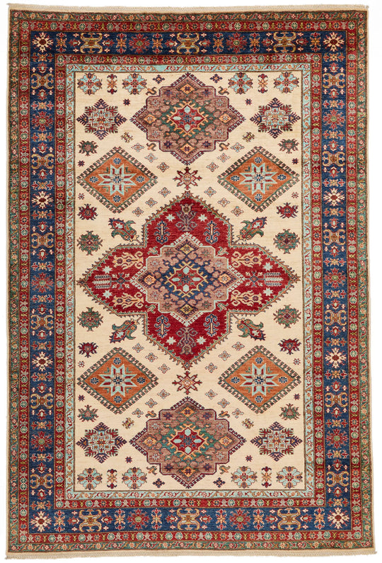7x10 Ivory and Multicolor Kazak Tribal Rug