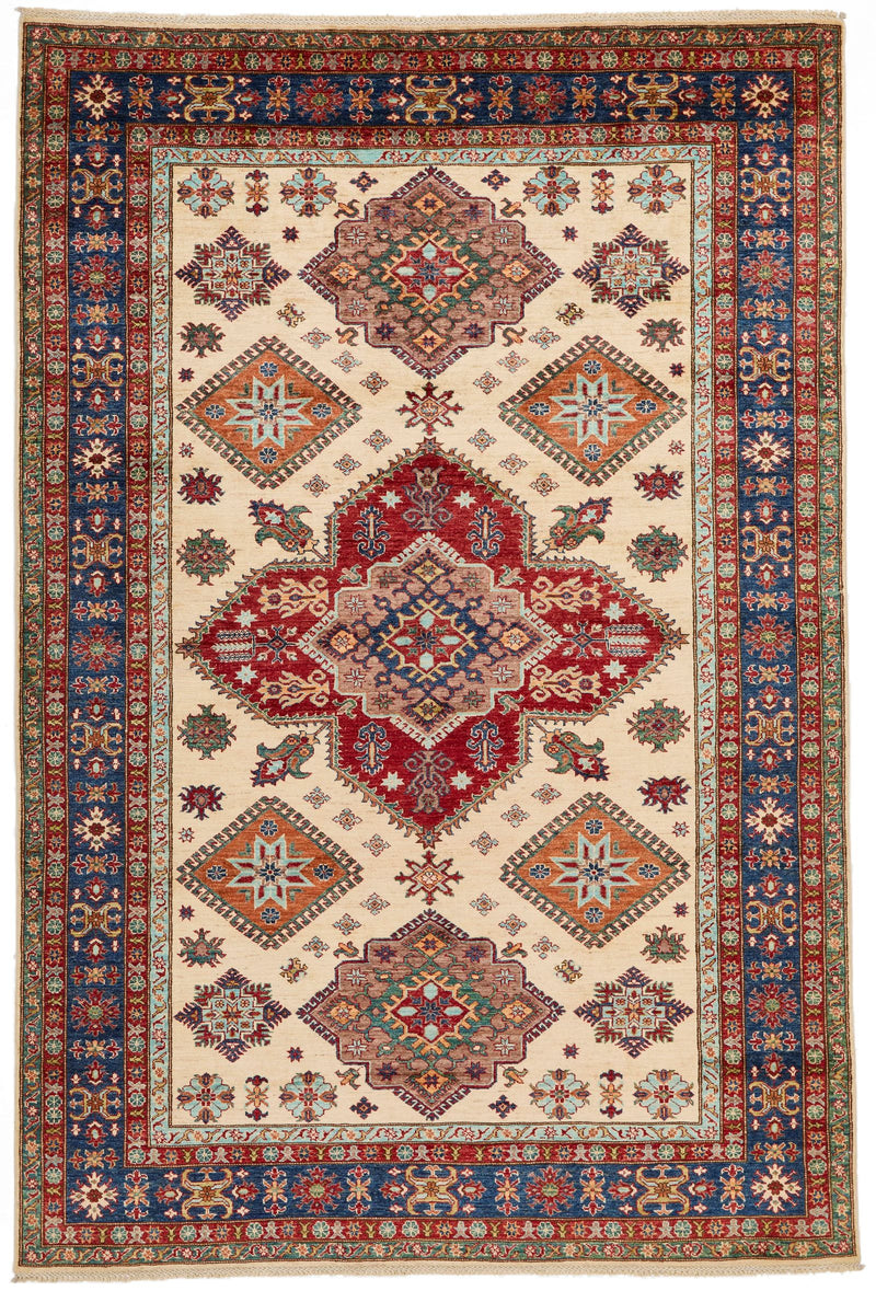 7x10 Ivory and Multicolor Kazak Tribal Rug