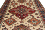 7x10 Ivory and Multicolor Kazak Tribal Rug