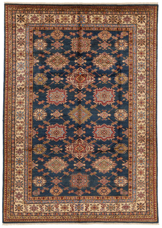 7x10 Navy and Ivory Kazak Tribal Rug