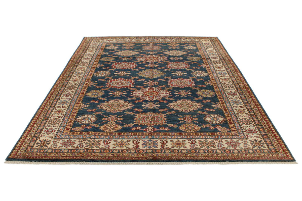 7x10 Navy and Ivory Kazak Tribal Rug