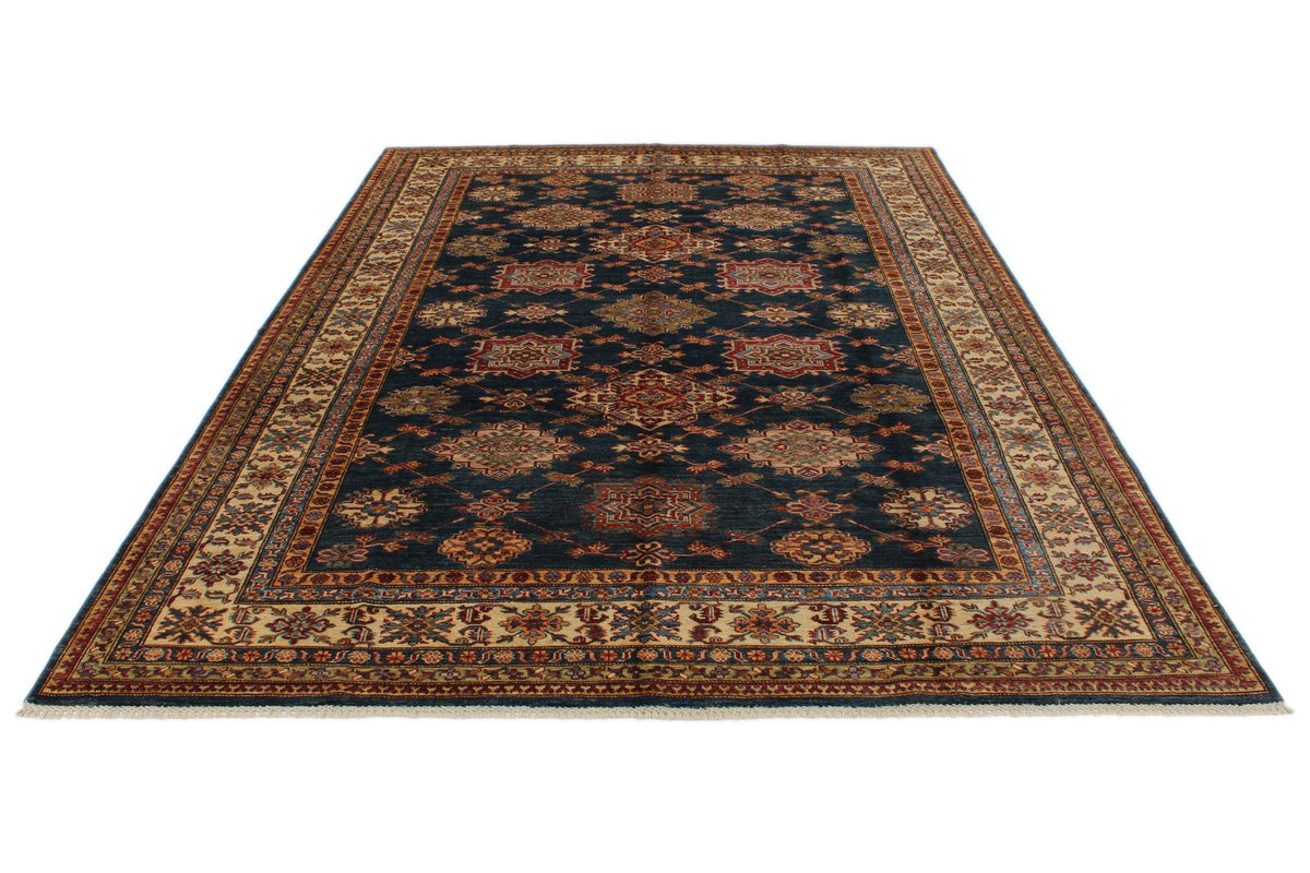 7x10 Navy and Ivory Kazak Tribal Rug