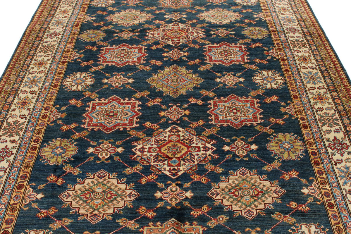 7x10 Navy and Ivory Kazak Tribal Rug