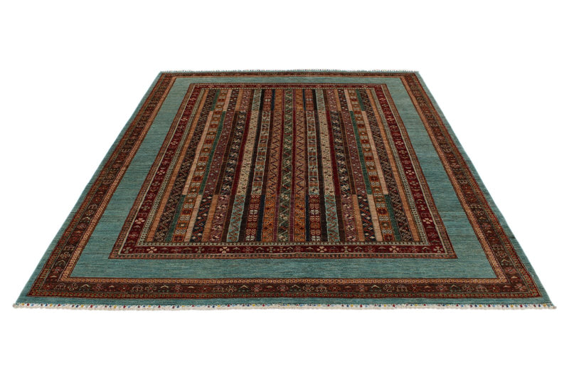 7x9 Multicolor and Light Blue Turkish Tribal Rug