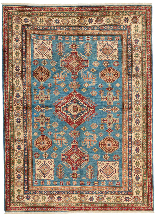 6x8 Blue and Ivory Kazak Tribal Rug