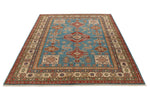 6x8 Blue and Ivory Kazak Tribal Rug