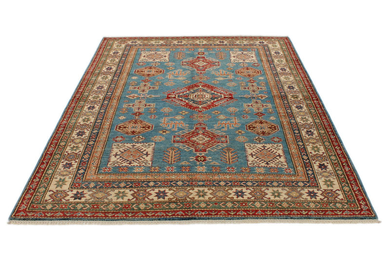 6x8 Blue and Ivory Kazak Tribal Rug