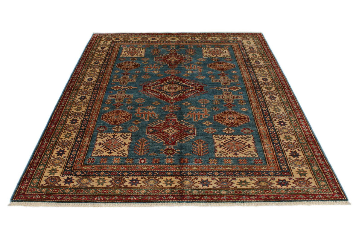 6x8 Blue and Ivory Kazak Tribal Rug