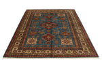 6x8 Blue and Ivory Kazak Tribal Rug