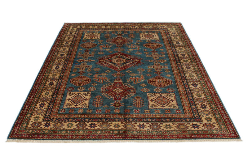 6x8 Blue and Ivory Kazak Tribal Rug
