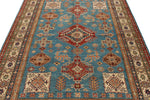 6x8 Blue and Ivory Kazak Tribal Rug
