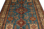 6x8 Blue and Ivory Kazak Tribal Rug