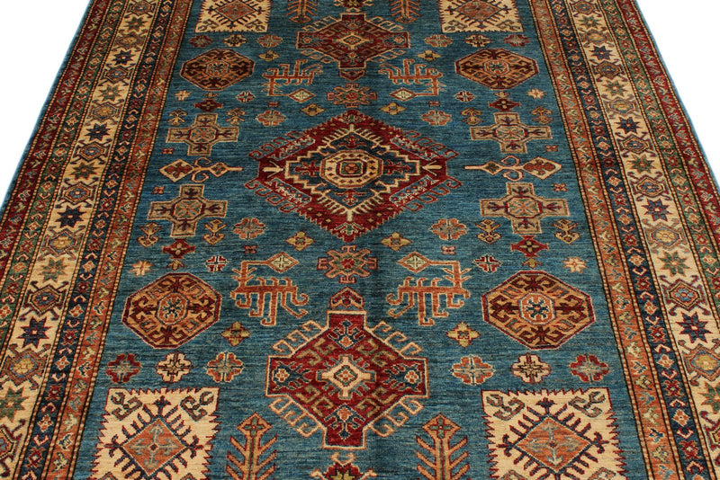 6x8 Blue and Ivory Kazak Tribal Rug