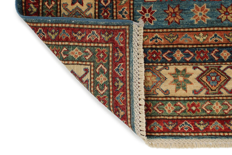 6x8 Blue and Ivory Kazak Tribal Rug