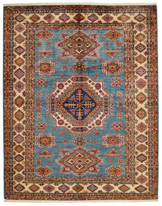 5x7 Blue and Ivory Kazak Tribal Rug