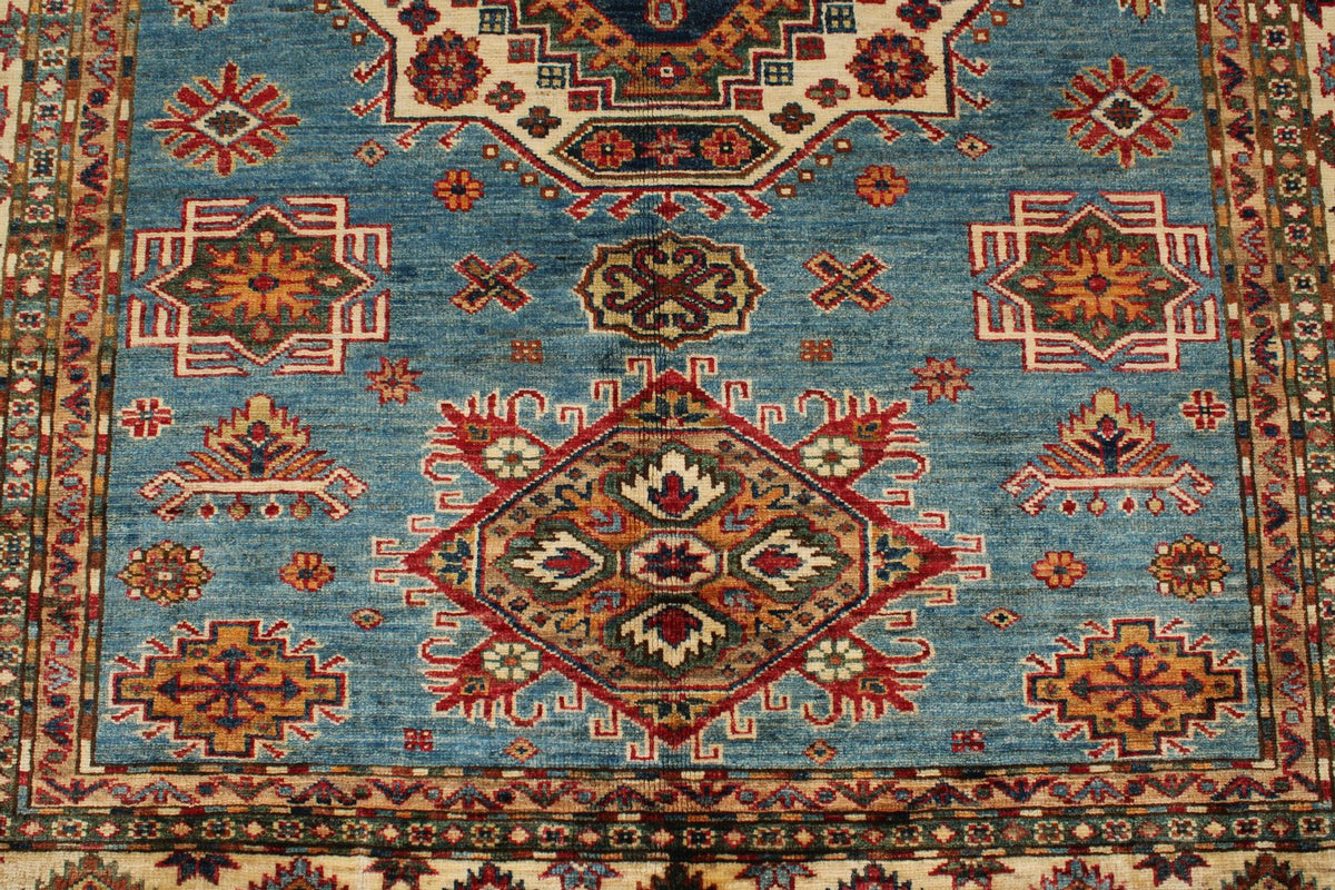 5x7 Blue and Ivory Kazak Tribal Rug