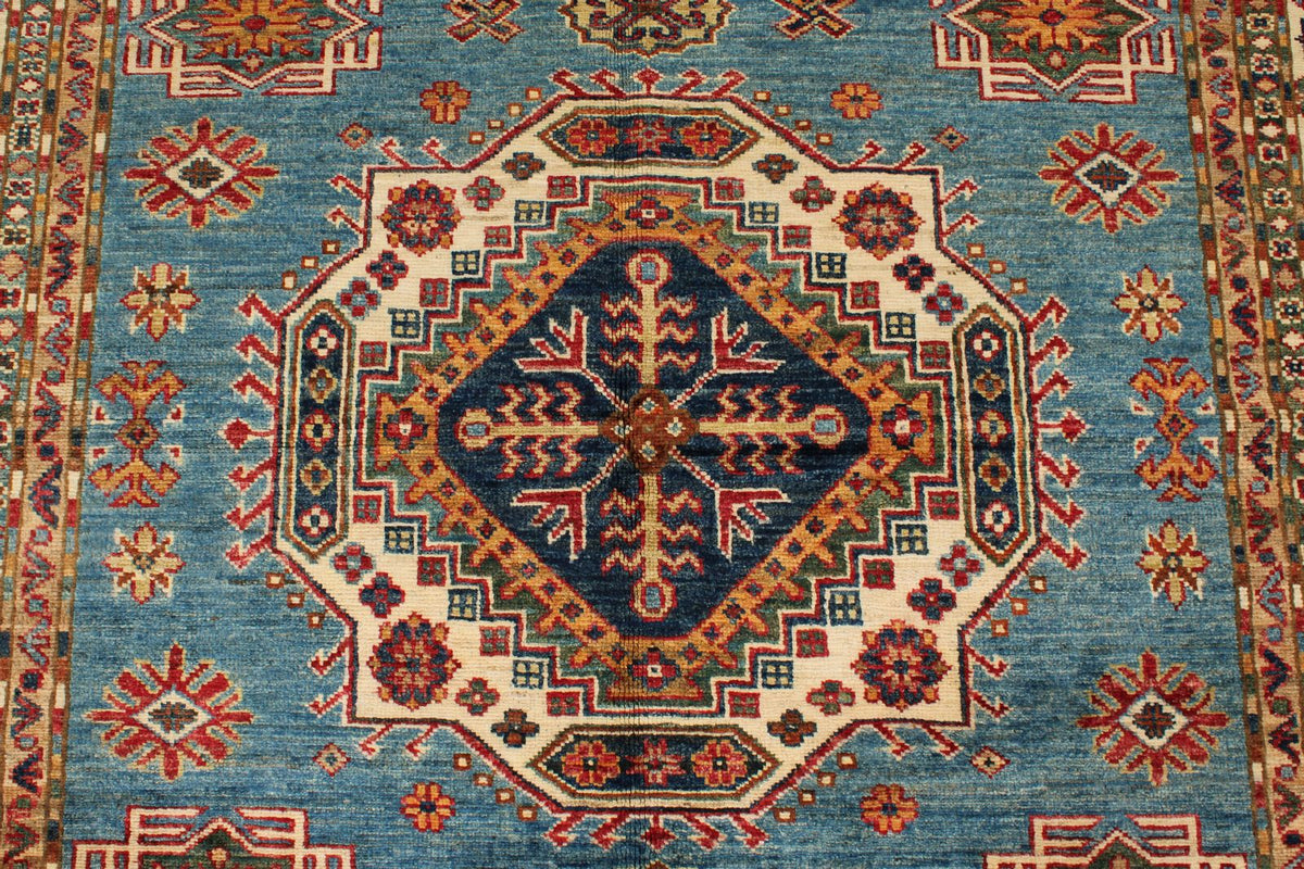 5x7 Blue and Ivory Kazak Tribal Rug