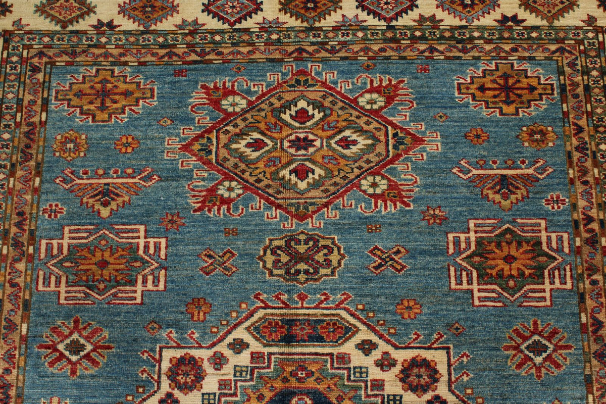 5x7 Blue and Ivory Kazak Tribal Rug
