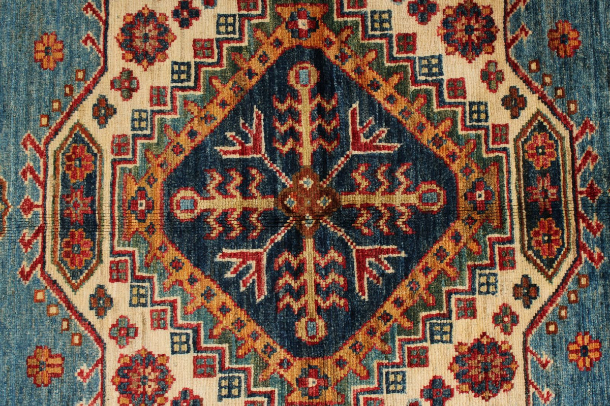 5x7 Blue and Ivory Kazak Tribal Rug